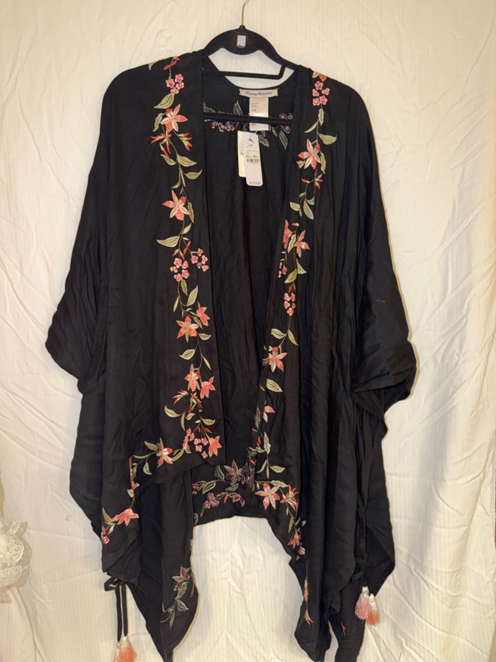 Tommy Bahama Black Kimono Jacket with Pink & Green Floral Embroidery